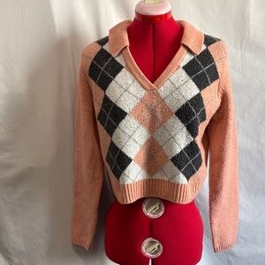 William Rast Peach and Black Argyle V-Neck Sweater LL173